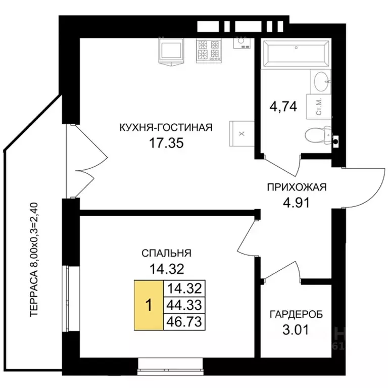 1-к кв. Калининградская область, Гурьевск Включи жилой комплекс (46.73 ... - Фото 0