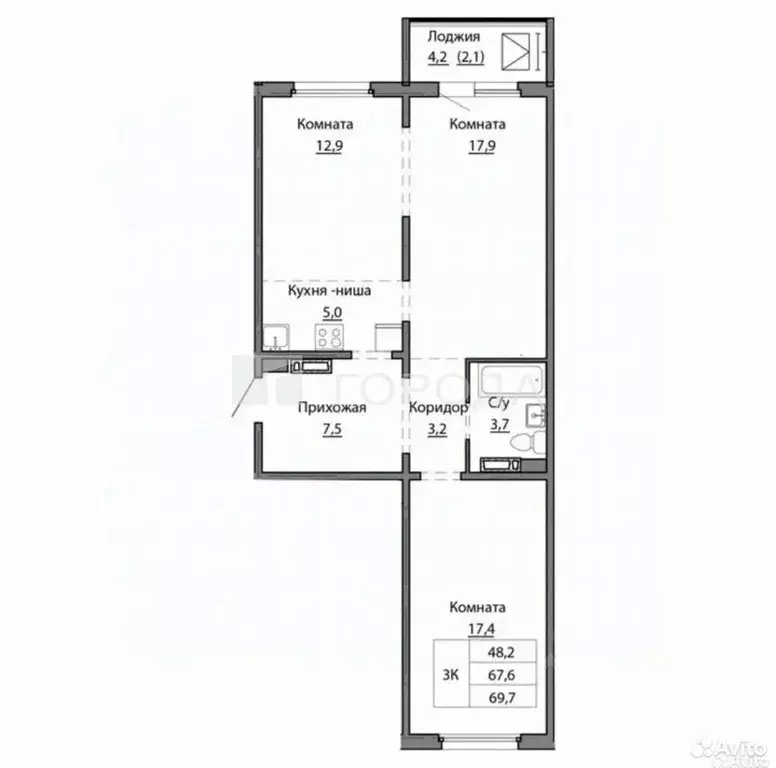 3-к кв. Алтайский край, Барнаул Северо-Западная ул., 15к1 (69.7 м) - Фото 2