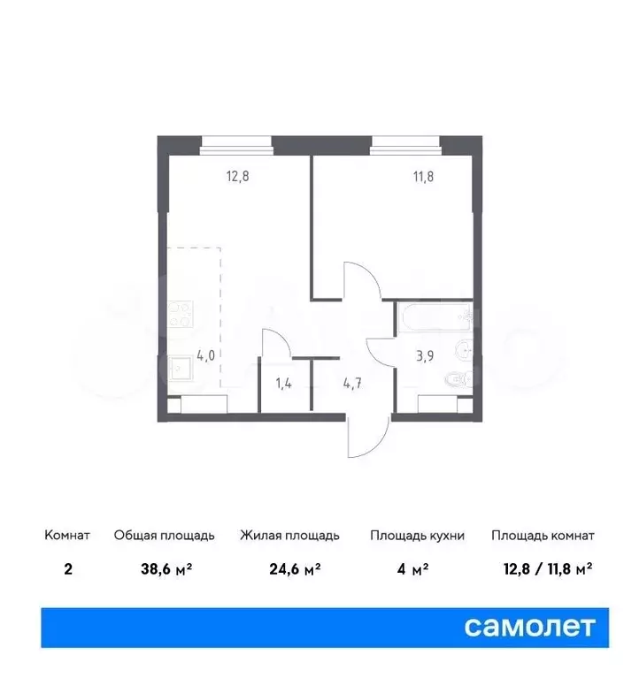 1-к. квартира, 38,6 м, 23/23 эт. - Фото 0