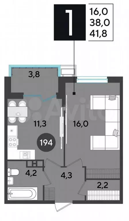 1-к. квартира, 41,8 м, 7/9 эт. - Фото 1