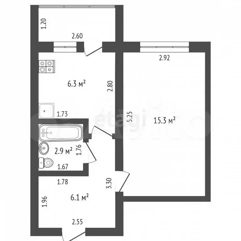 1-к. квартира, 30,6 м, 1/5 эт. - Фото 0