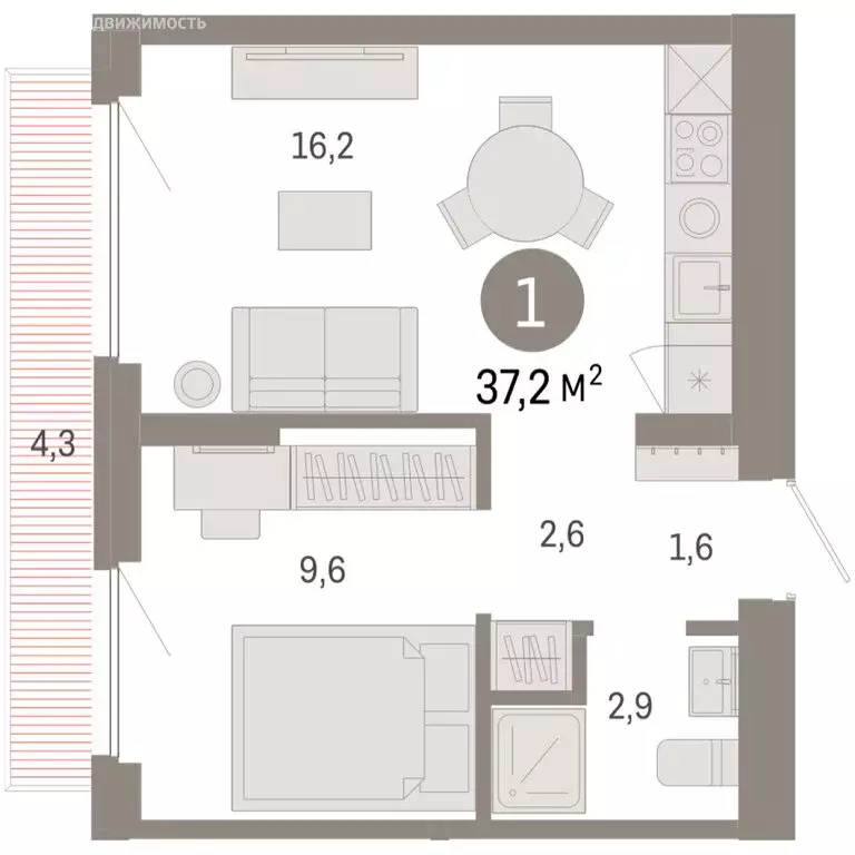 1-комнатная квартира: Новосибирский район, рабочий посёлок Краснообск, ... - Фото 2