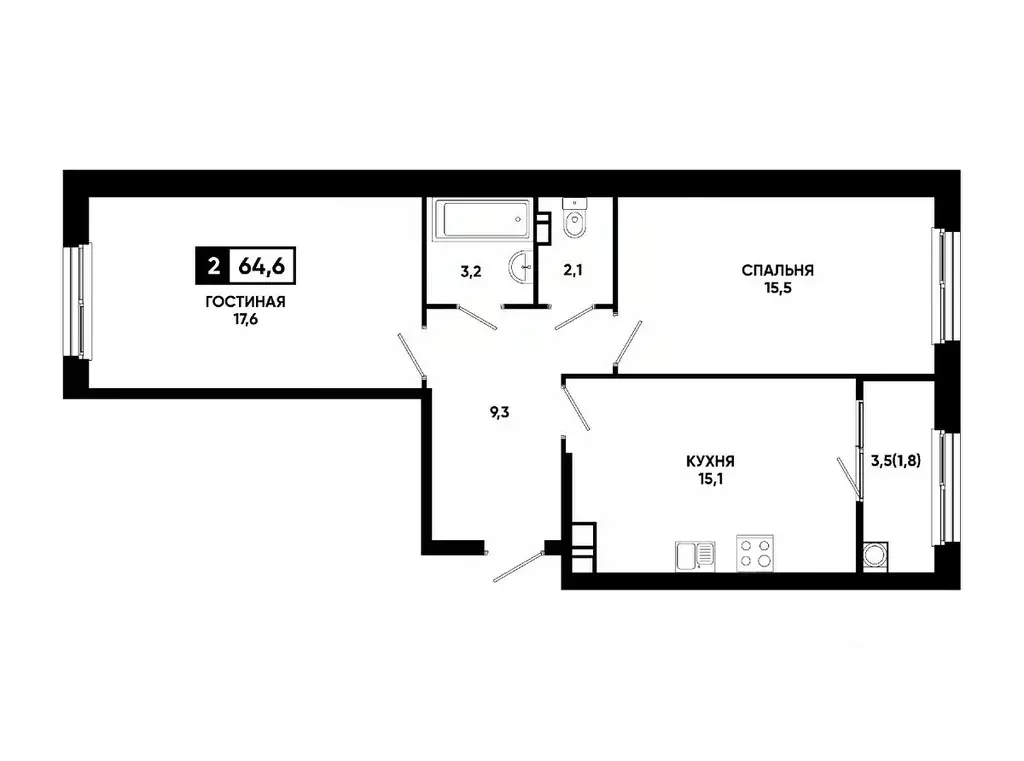 2-к кв. Ставропольский край, Ставрополь ул. Доваторцев, 179В (64.6 м) - Фото 1