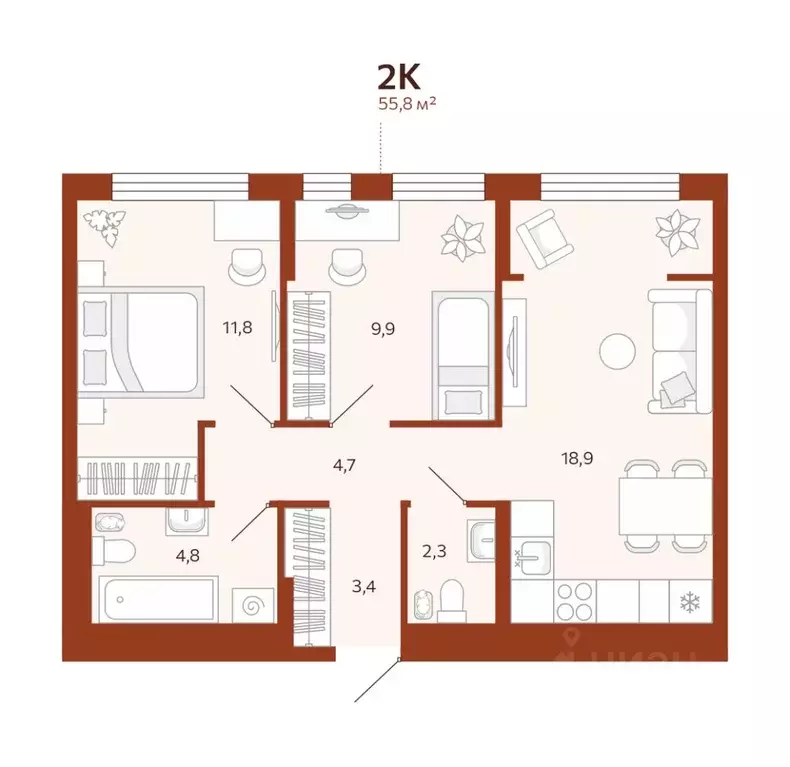 2-к кв. Тюменская область, Тюмень ул. Новаторов, 30 (55.8 м) - Фото 1