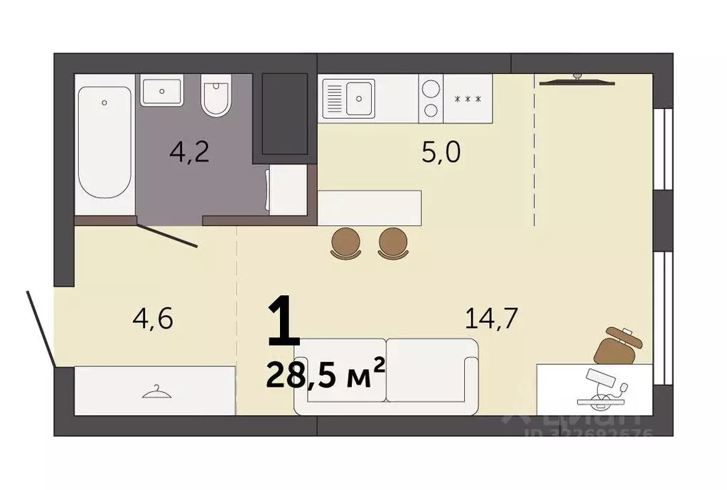Студия Свердловская область, Екатеринбург Южный жилрайон,  (28.5 м) - Фото 2