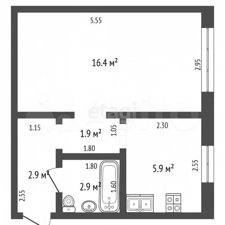 1-к. квартира, 30 м, 1/2 эт. - Фото 0