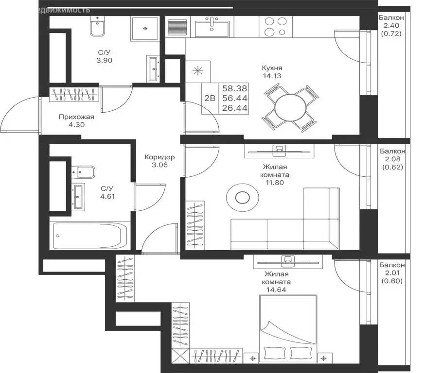 2-комнатная квартира: Казань, ЖК Мой Ритм (58.38 м) - Фото 0