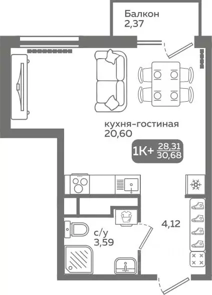 Студия Тюменская область, Тюмень ул. Заполярная, 9/2 (28.31 м) - Фото 0