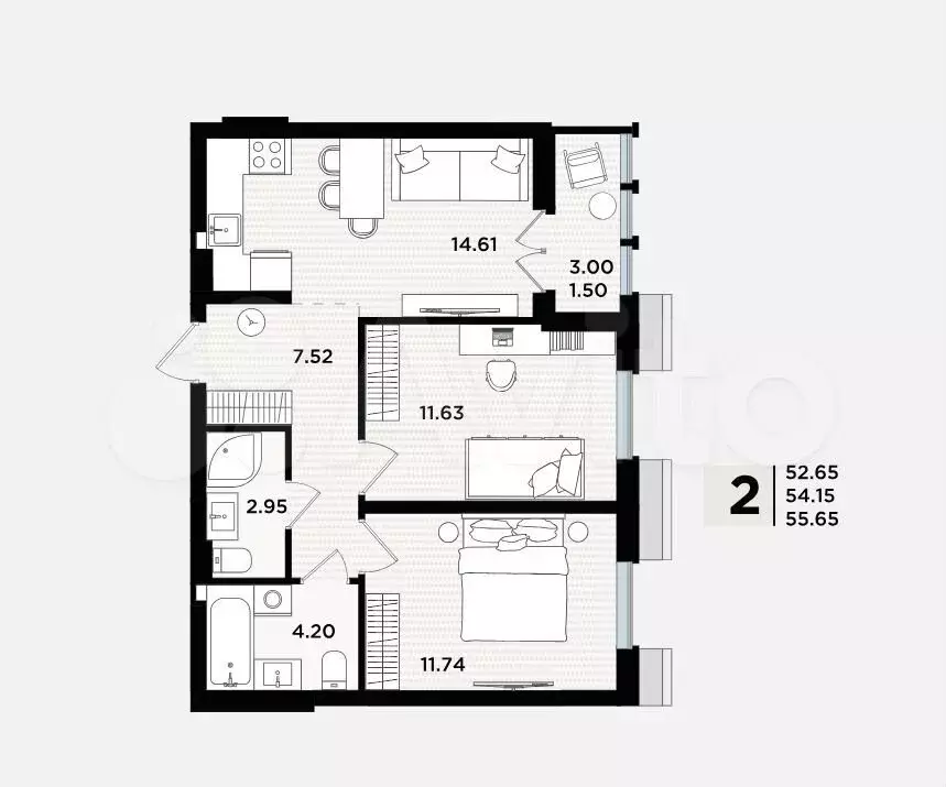 2-к. квартира, 54,2 м, 4/5 эт. - Фото 1