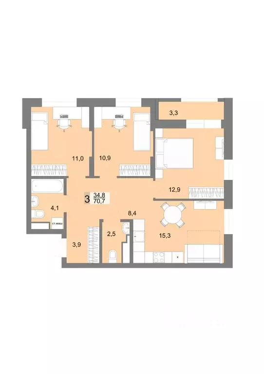 3-к кв. Свердловская область, Екатеринбург ул. Тенистая, 8Б (69.7 м) - Фото 0