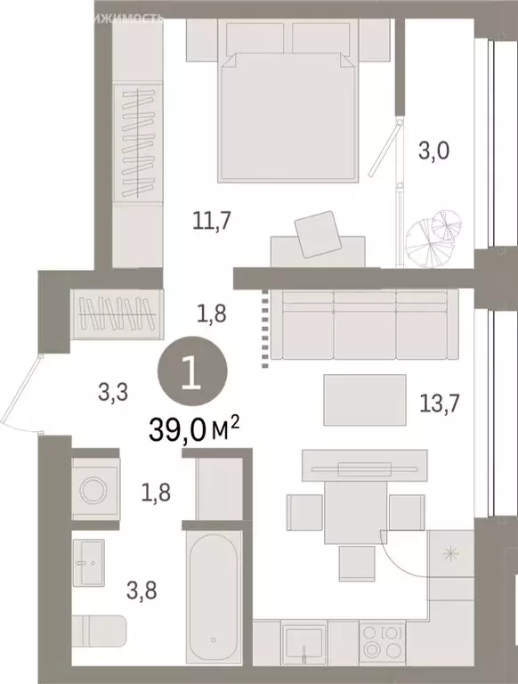 1-комнатная квартира: Тюмень, Мысовская улица, 26к1 (38.98 м) - Фото 1