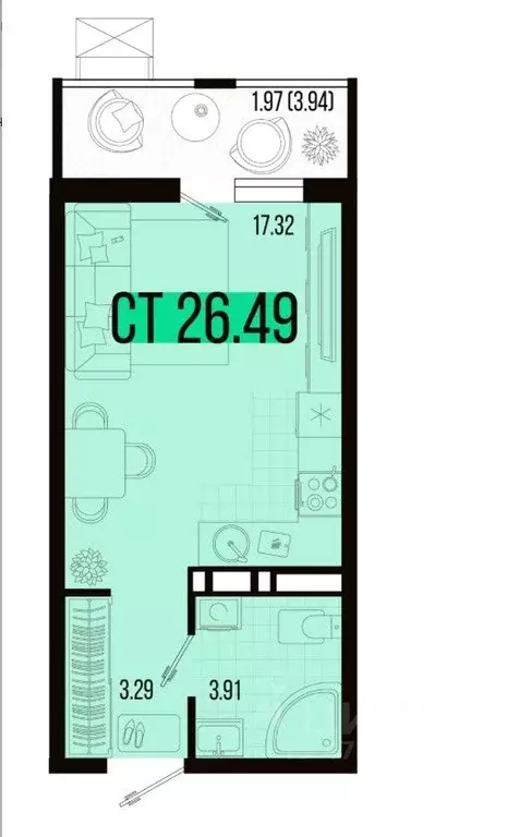 Студия Краснодарский край, Северская ст-ца ул. Западная, 27 (26.49 м) - Фото 2
