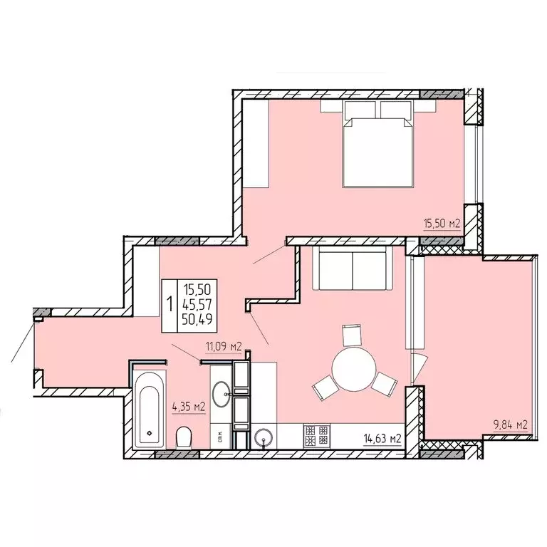 1-комнатная квартира: Калуга, улица Пухова, 58 (50.49 м) - Фото 1