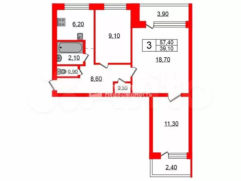 3-к. квартира, 57,4 м, 7/9 эт. - Фото 0