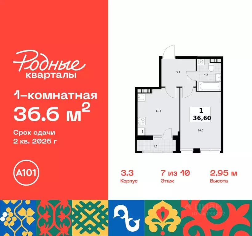 1-к кв. Москва Родные кварталы жилой комплекс, 3.3 (36.6 м) - Фото 0