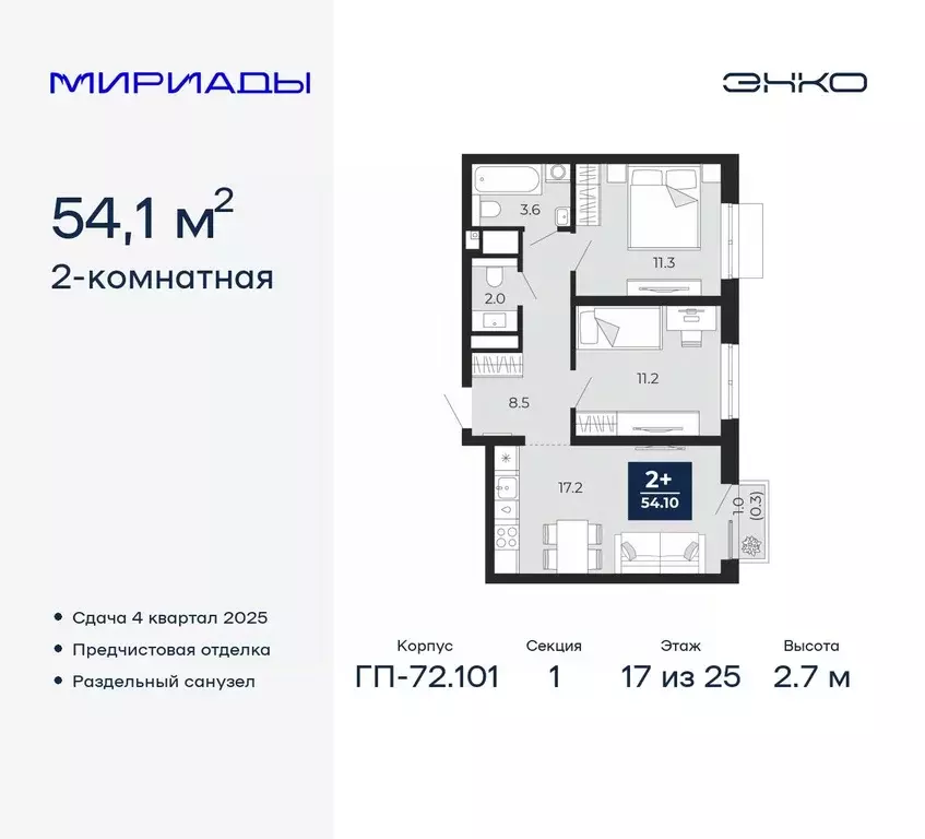 2-к кв. Тюменская область, Тюмень Мириады жилой комплекс (54.1 м) - Фото 0