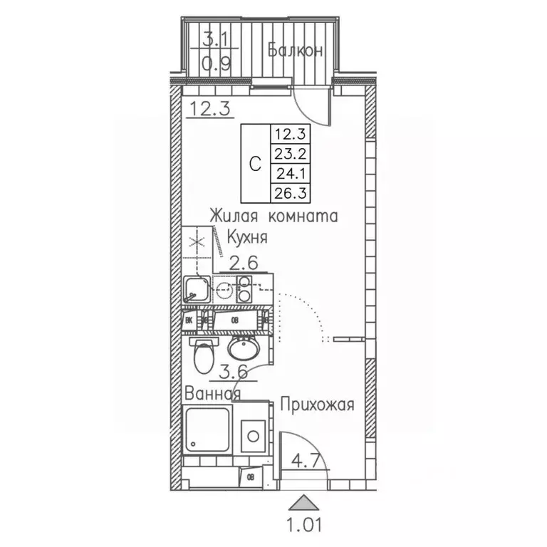1-к кв. Приморский край, Владивосток ул. Расула Гамзатова, 7к1 (26.3 ... - Фото 2