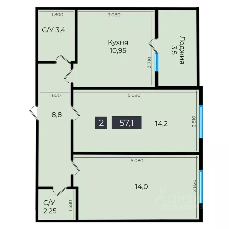 2-к кв. Ставропольский край, Ставрополь ул. Южный обход, 53В (56.9 м) - Фото 1