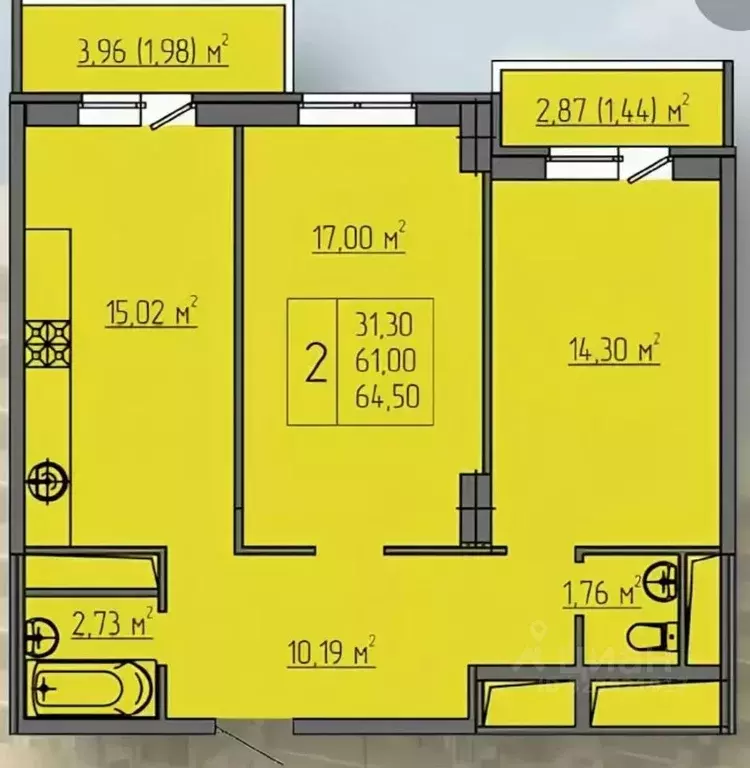 2-к кв. Краснодарский край, Краснодар ул. Евгении Жигуленко, 3 (65.0 ... - Фото 2