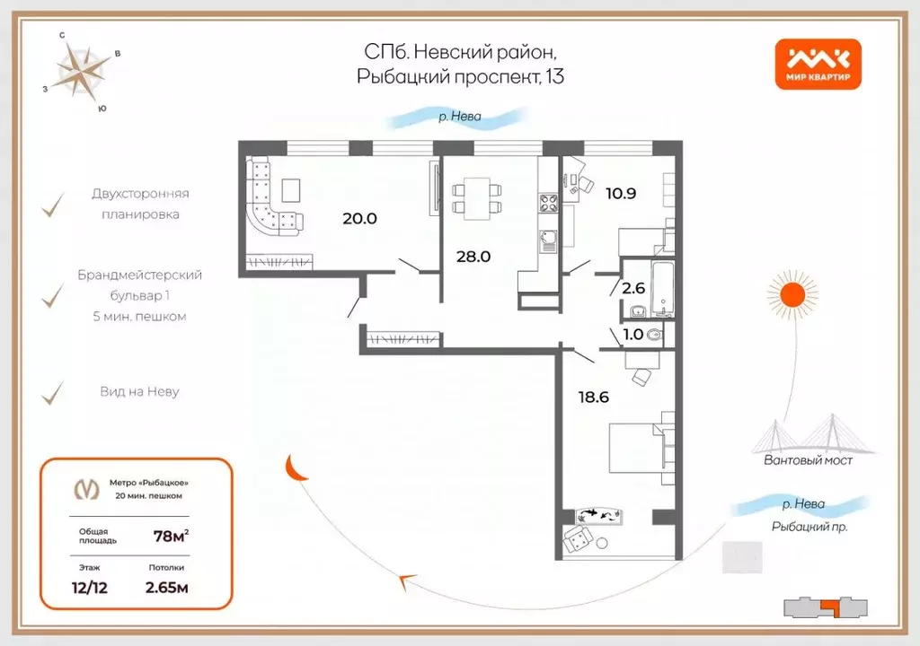 3-к кв. Санкт-Петербург Рыбацкий просп., 13 (78.0 м) - Фото 1