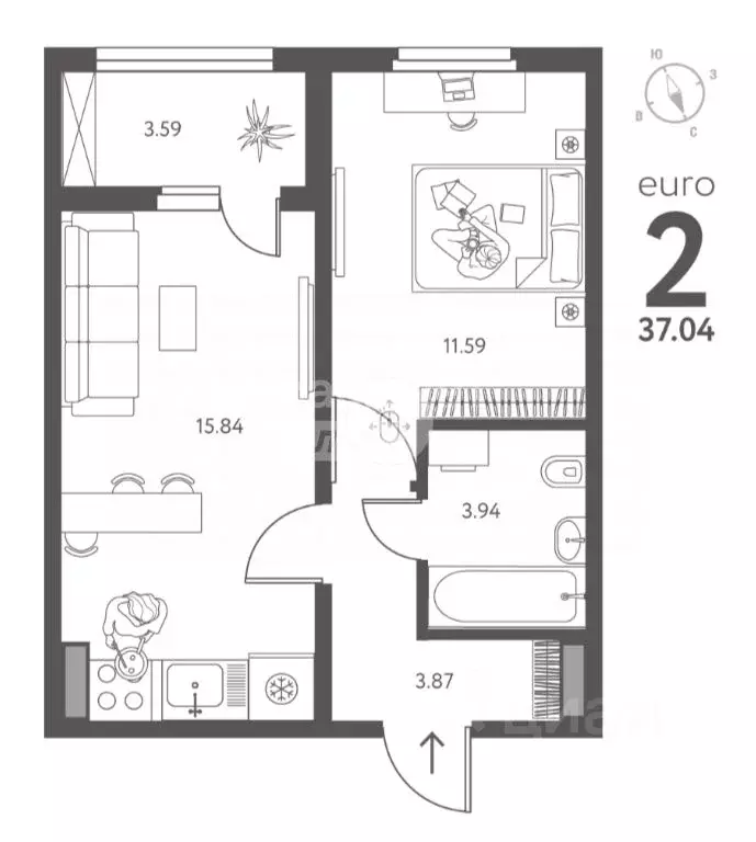 2-к кв. Липецкая область, Липецк Инстеп. Перова жилой комплекс (37.04 ... - Фото 2