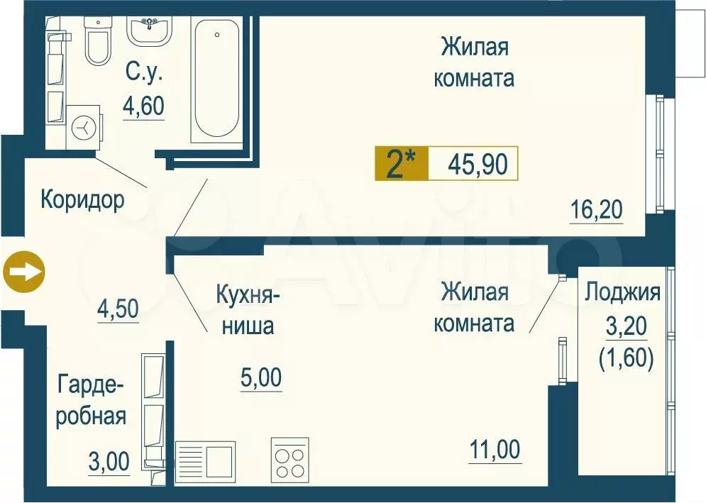 1-к. квартира, 45,9 м, 9/25 эт. - Фото 0