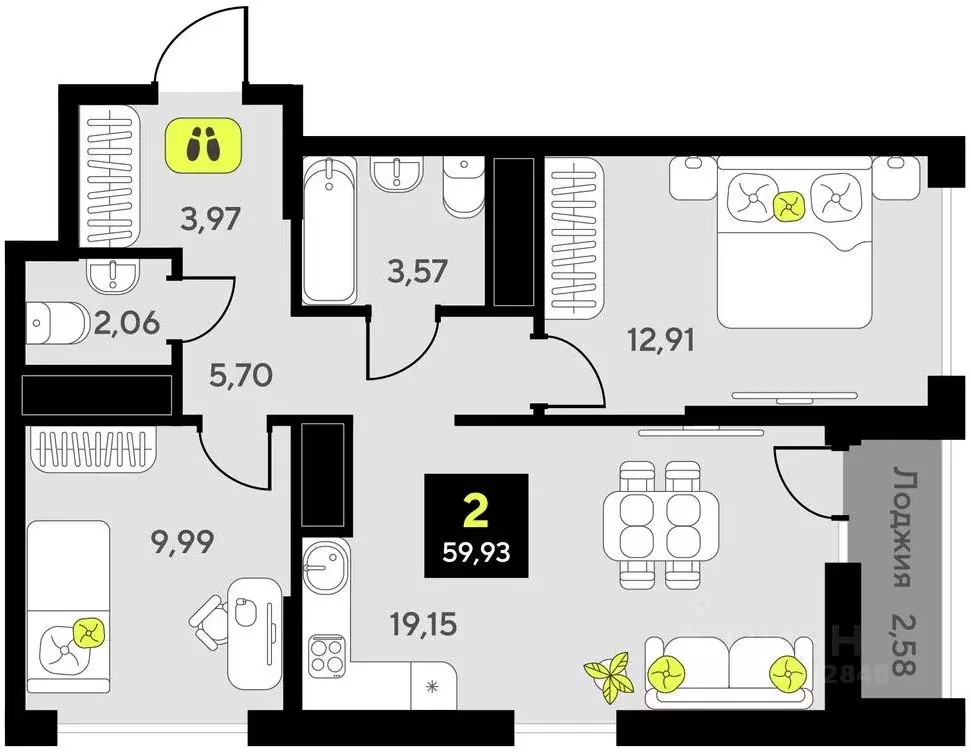 2-к кв. Тюменская область, Тюмень ул. Андрея Приказнова, 1 (59.93 м) - Фото 0