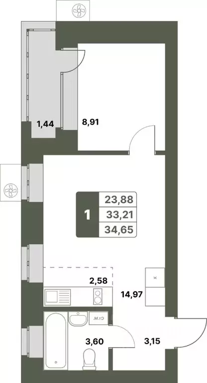 1-к кв. Башкортостан, Уфимский район, с. Миловка  (34.65 м) - Фото 1