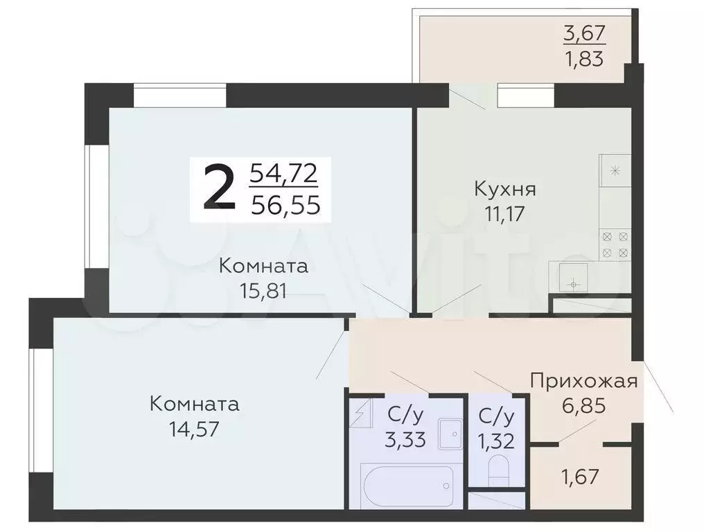 2-к. квартира, 56,6 м, 3/20 эт. - Фото 0
