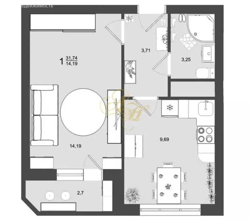 1-комнатная квартира: Клин, микрорайон Майданово, 4к2 (31.74 м) - Фото 1