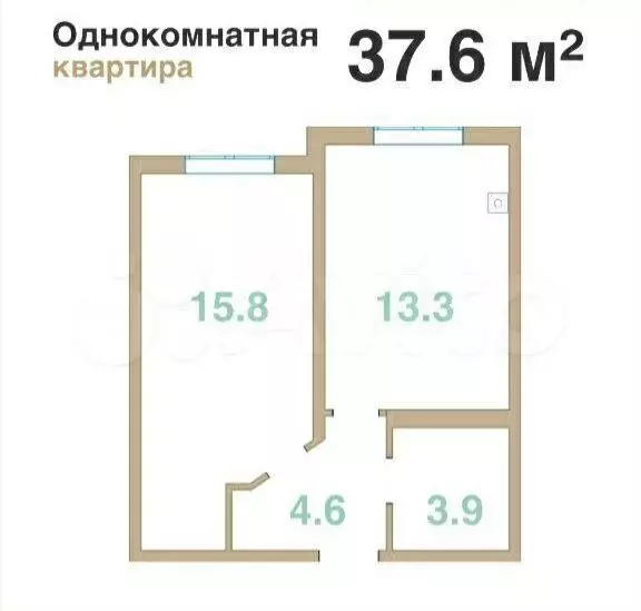1-к. квартира, 37,6 м, 2/8 эт. - Фото 0