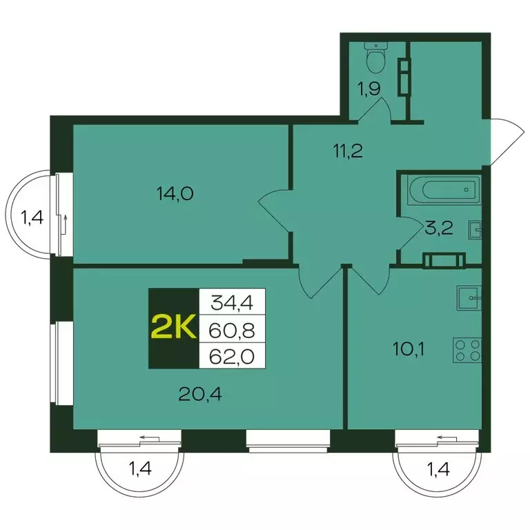 2-комнатная квартира: Чебоксары, Чебоксарский проспект, поз5.20 (61.6 ... - Фото 1