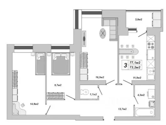 3-к кв. Тамбовская область, Тамбов ул. Чичерина, 7/3 (77.1 м) - Фото 1