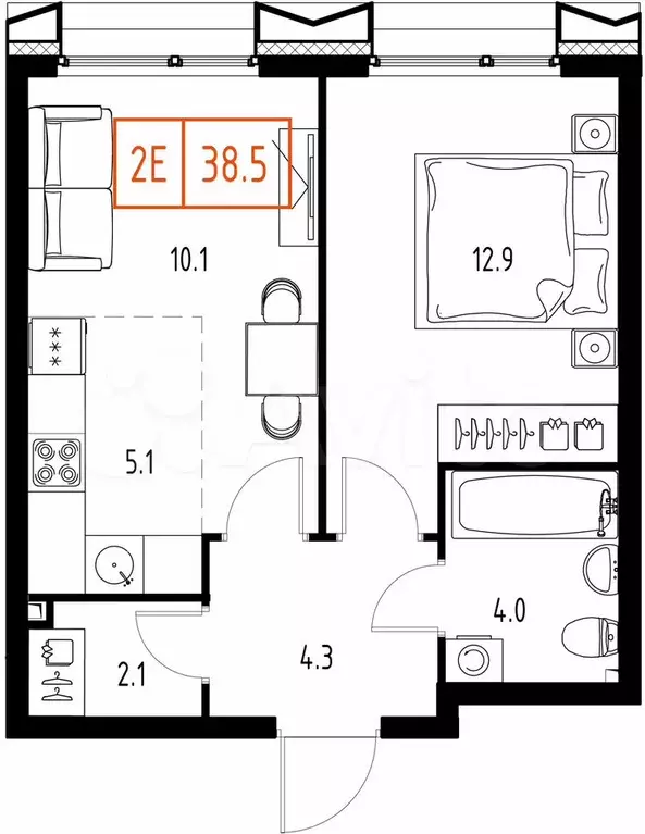 1-к. квартира, 38,5 м, 7/9 эт. - Фото 0