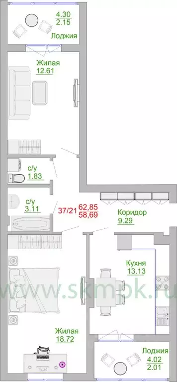 2-к кв. калининградская область, пионерский портовая ул, 5 (68.6 м) - Фото 0