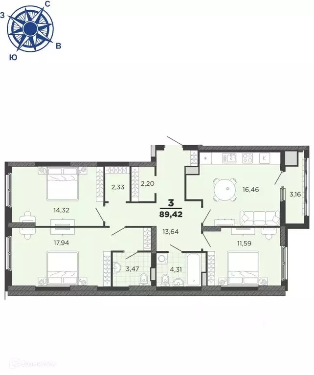 3-к кв. Рязанская область, Рязань ул. Островского, 122 (89.42 м) - Фото 0