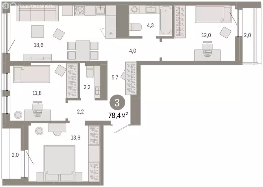 3-комнатная квартира: Тюмень, улица Республики, 205к1 (78.2 м) - Фото 1