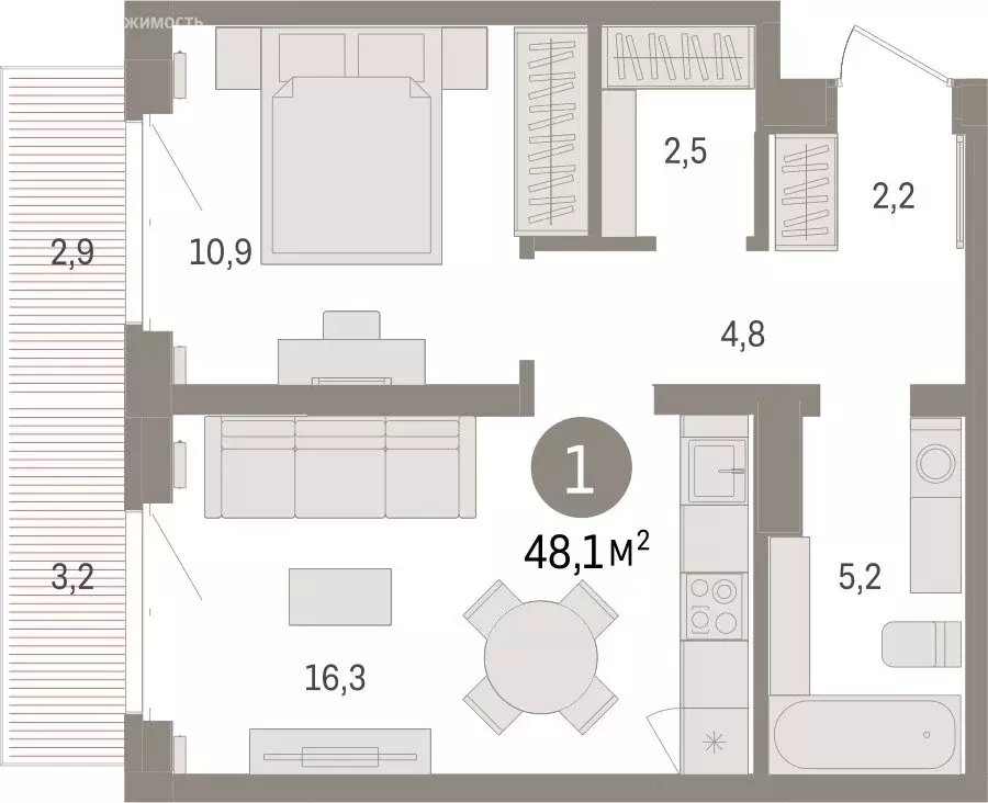 1-комнатная квартира: Тюмень, жилой комплекс На Минской (48.11 м) - Фото 1