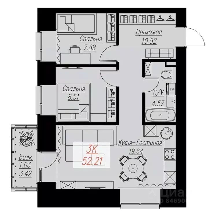2-к кв. Красноярский край, Красноярск Семафорная ул., 441а (52.21 м) - Фото 0