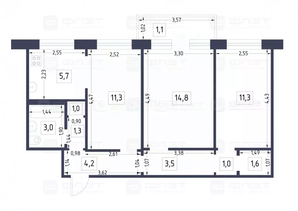 3-к кв. Татарстан, Казань Волгоградская ул., 11 (58.7 м) - Фото 2