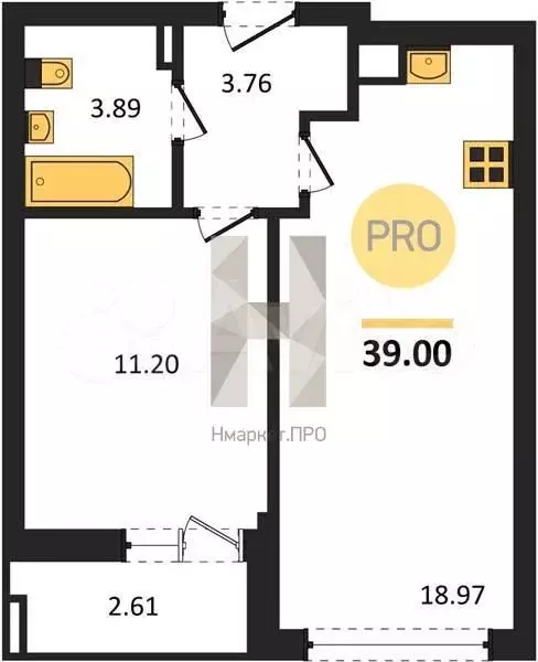 1-к. квартира, 39 м, 8/9 эт. - Фото 1