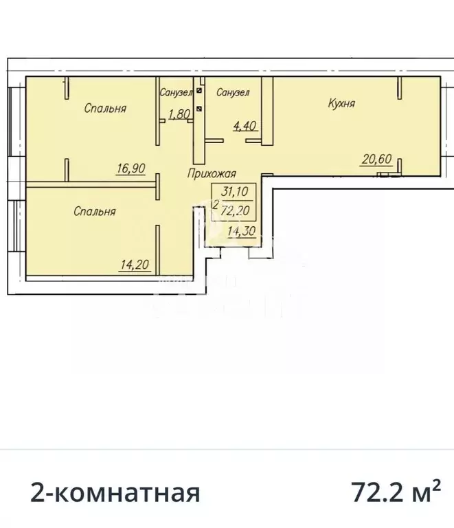 Квартира, 2 комнаты, 72.2 м - Фото 2