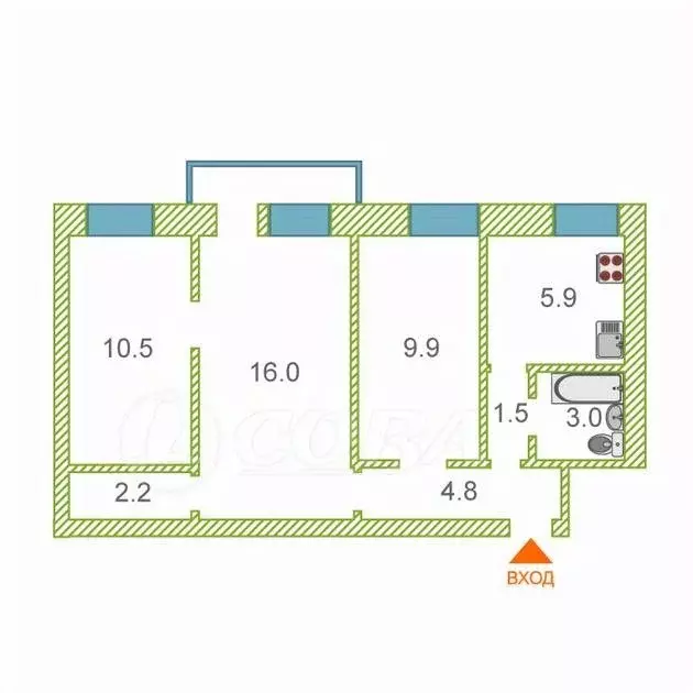 3-к кв. Курганская область, Курган ул. Красина, 68 (53.4 м) - Фото 1