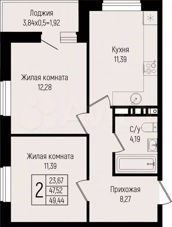 2-к. квартира, 49,4 м, 8/15 эт. - Фото 0