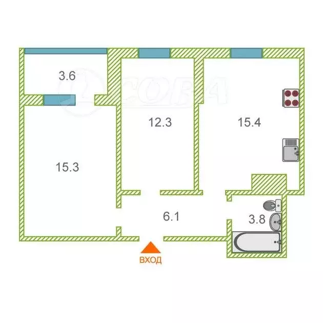 2-комнатная квартира: Тюмень, Тальниковая улица, 1 (55 м) - Фото 1