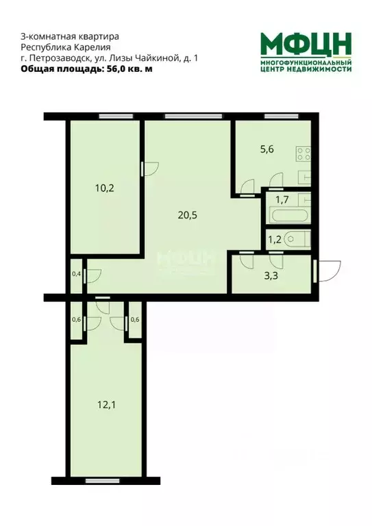 3-к кв. Карелия, Петрозаводск ул. Лизы Чайкиной, 1 (56.0 м) - Фото 2
