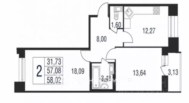 2-к кв. Санкт-Петербург ул. Александра Матросова, 8к1 (58.0 м) - Фото 2