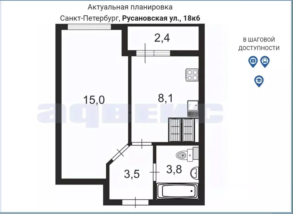 1-к кв. Санкт-Петербург ул. Русановская, 18к6 (31.0 м) - Фото 1