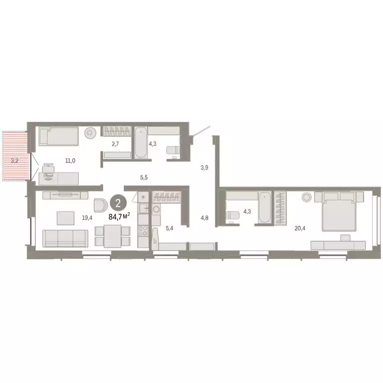 2-комнатная квартира: Тюмень, жилой комплекс Республики 205 (84.65 м) - Фото 2