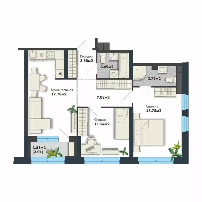 2-комнатная квартира: Екатеринбург, улица Ивана Марина, 1 (64.71 м) - Фото 1